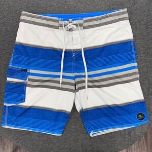 O'Neill Striped Board Shorts Swim Trunks Beach Surf Blue White Gray 38‎
